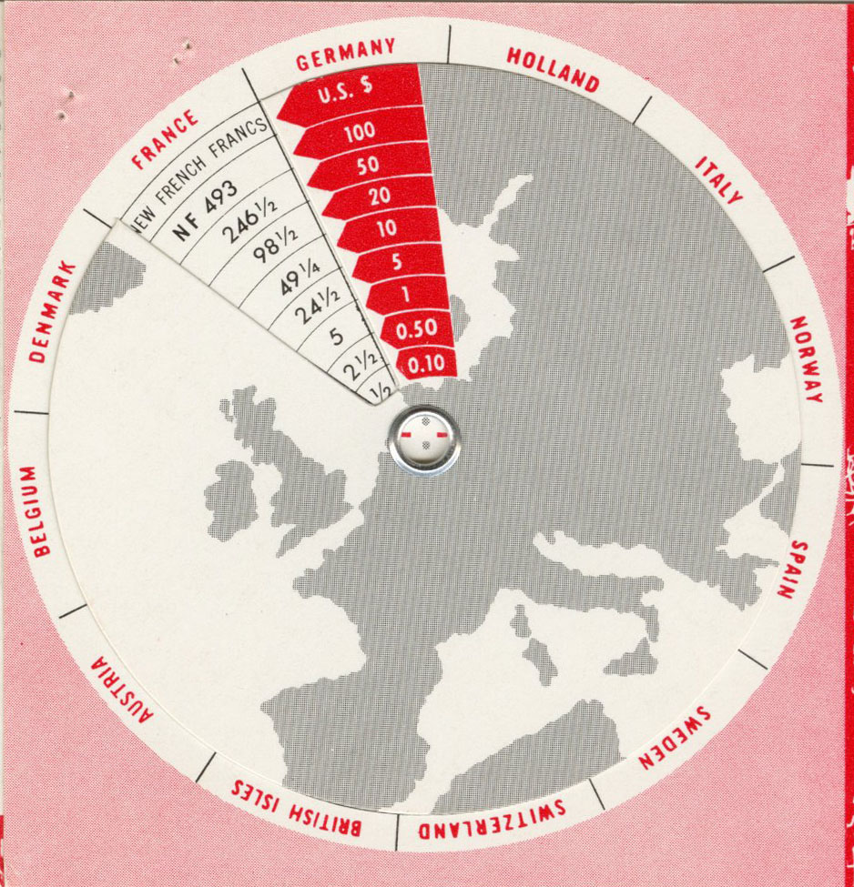 This image shows a currency converter wheel. The opening is set to show the conversion of New French Francs to U.S. Dollar.
